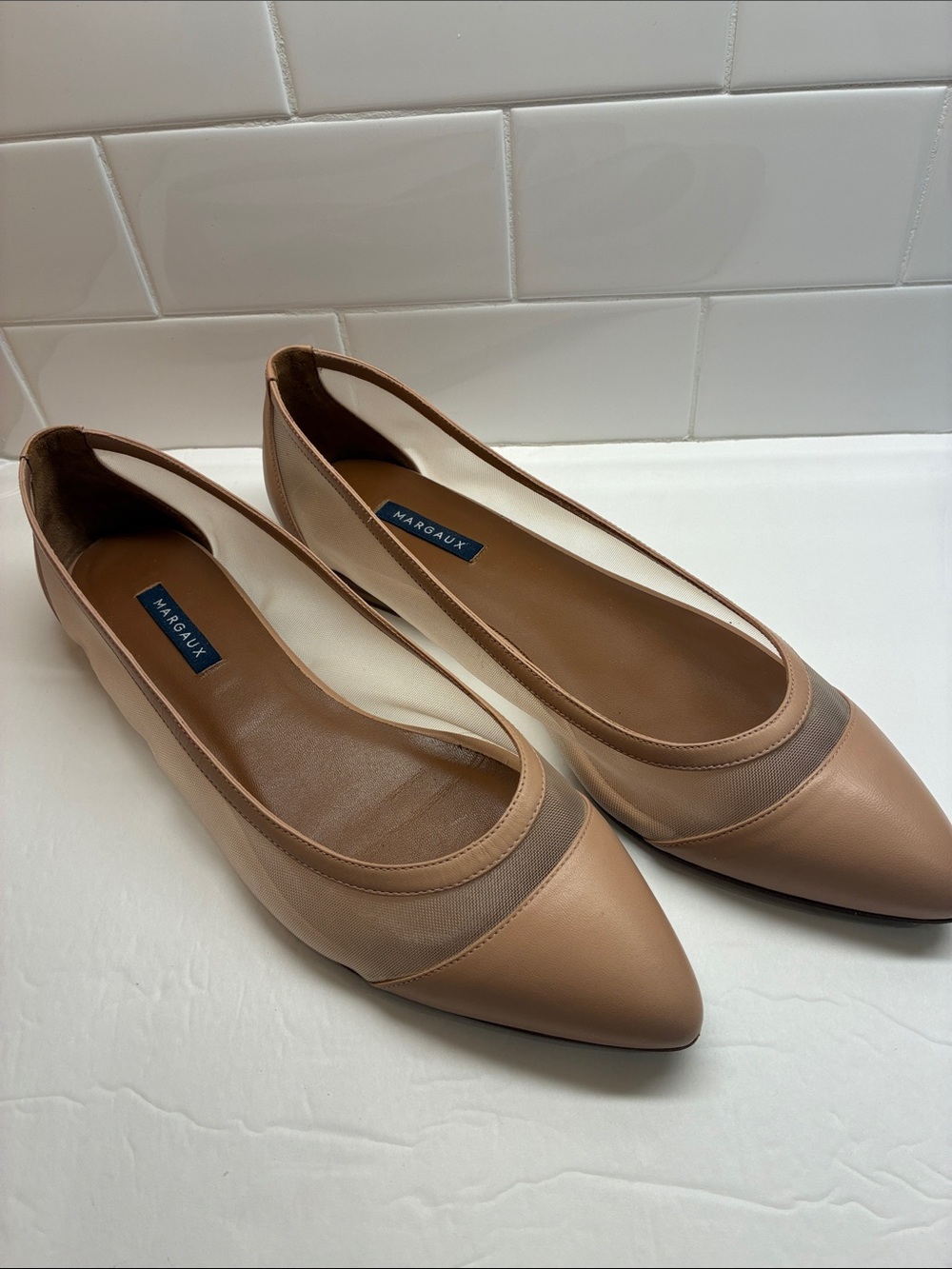 MARGAUX size EU 43.5 leather flats with sheer mesh accent in nude (excellent)